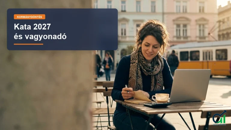 Fiatal vállalkozó nő számlát ír egy budapesti kávézó teraszán, laptoppal és számológéppel