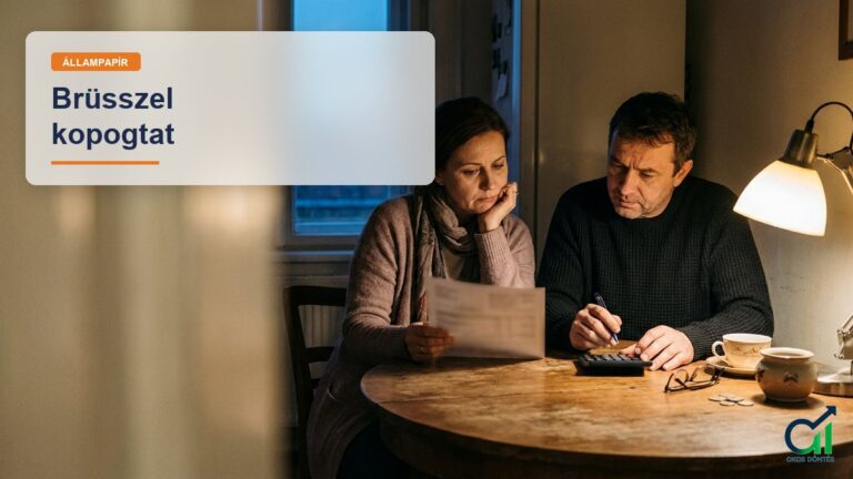 Középkorú pár a konyhaasztalnál számológéppel és állampapír-kivonattal, aggódva számol